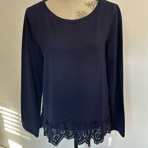 Talbots Sz Large Navy Blue Cotton Blend Long Sleeve French Terry Eyelet Hem Top